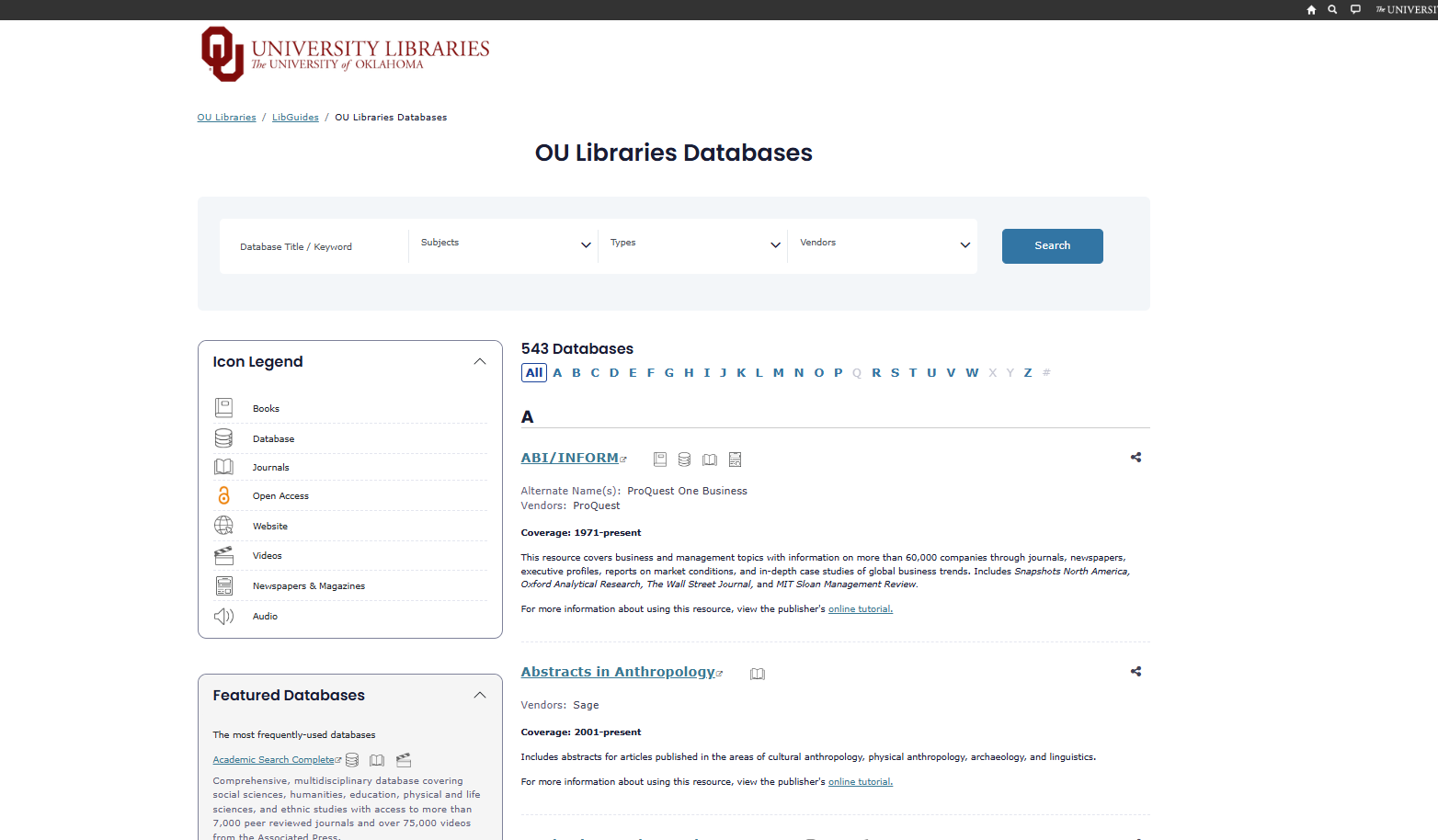 A screenshot of the Libraries' databases A-Z list